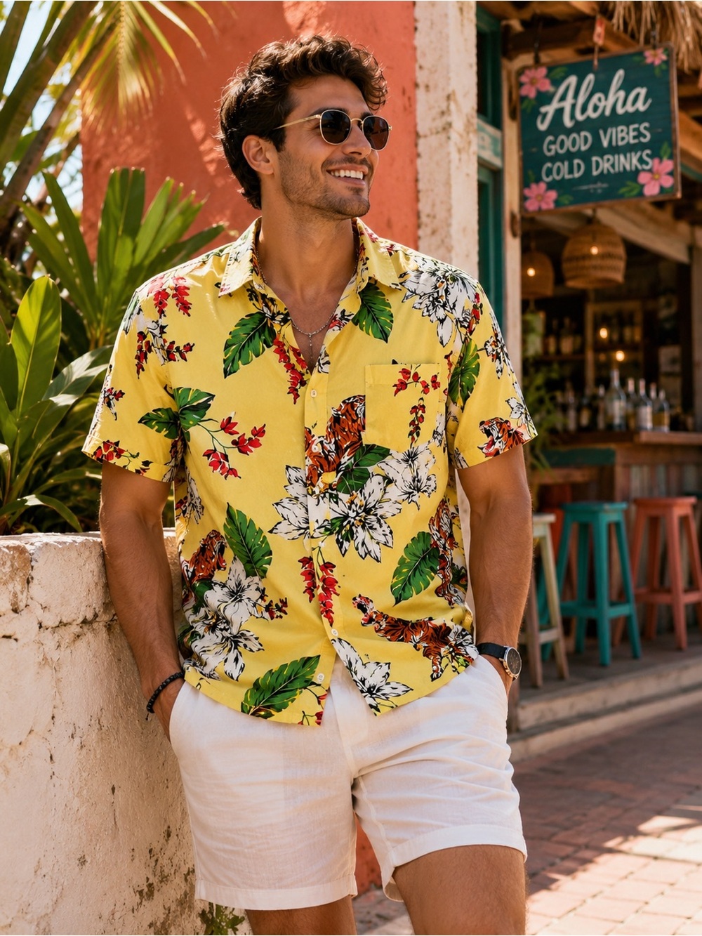 PacSun Men’s Large Tiger Hawaiian Shirt Yellow Tropical Floral Button Up